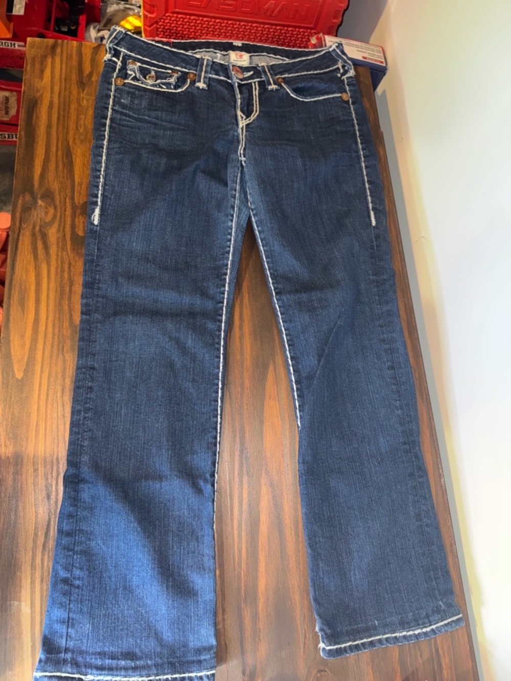 True Religion Dark Blue Flare Jeans with Contrast Stitching